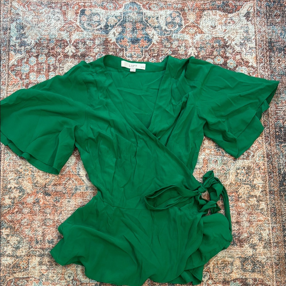 LOFT Green Wrap Blouse with Bell Sleeves